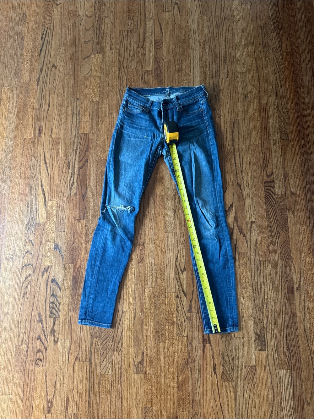 7 For All Mankind Blue Skinny Jeans with Knee Rip